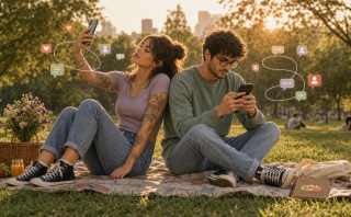 Pareja joven desconectada por redes sociales en un parque con cuaderno EPSI