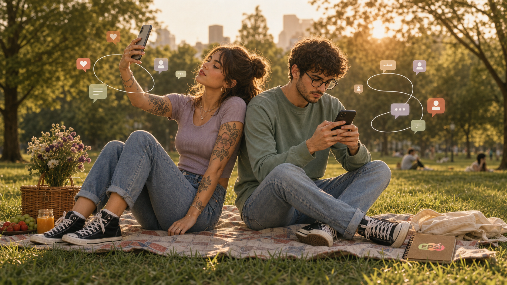 Pareja joven desconectada por redes sociales en un parque con cuaderno EPSI