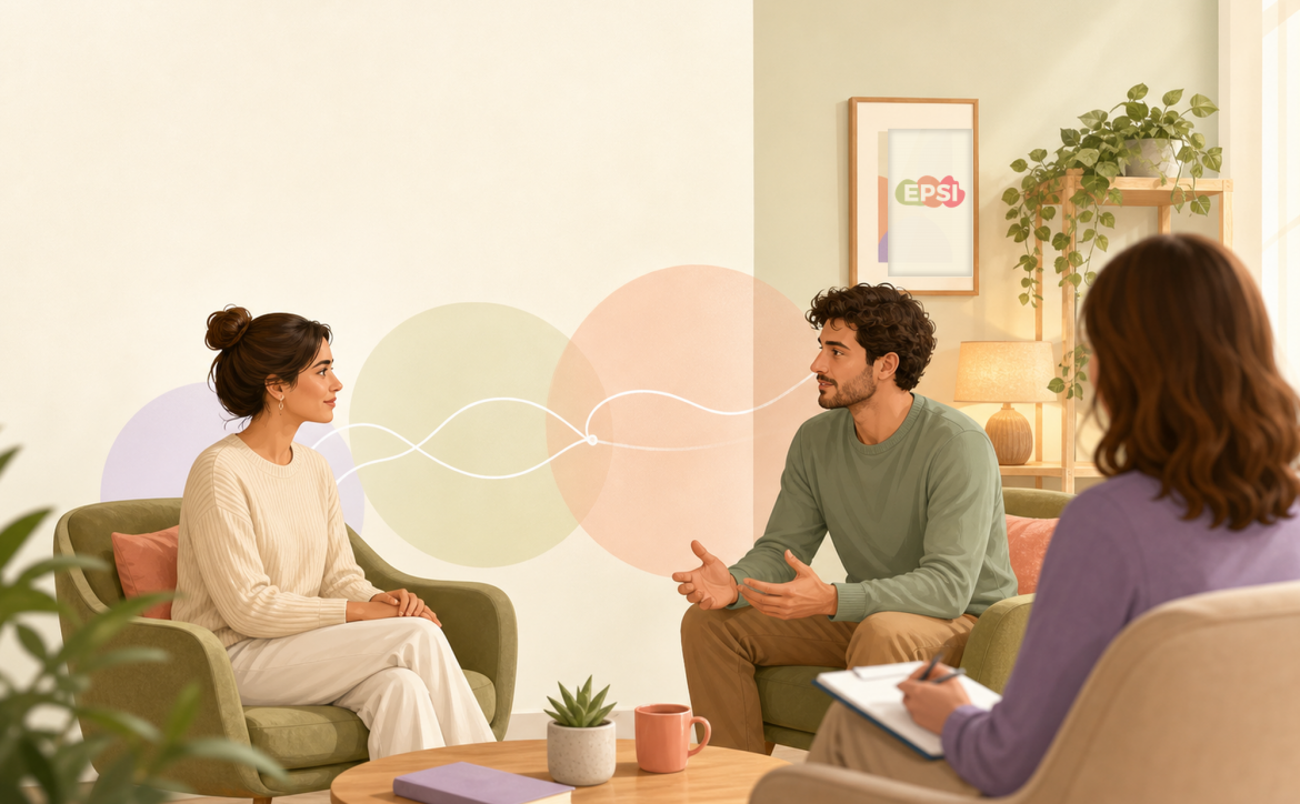 Pareja en sesi?n de terapia con el logo de EPSI enmarcado en la pared