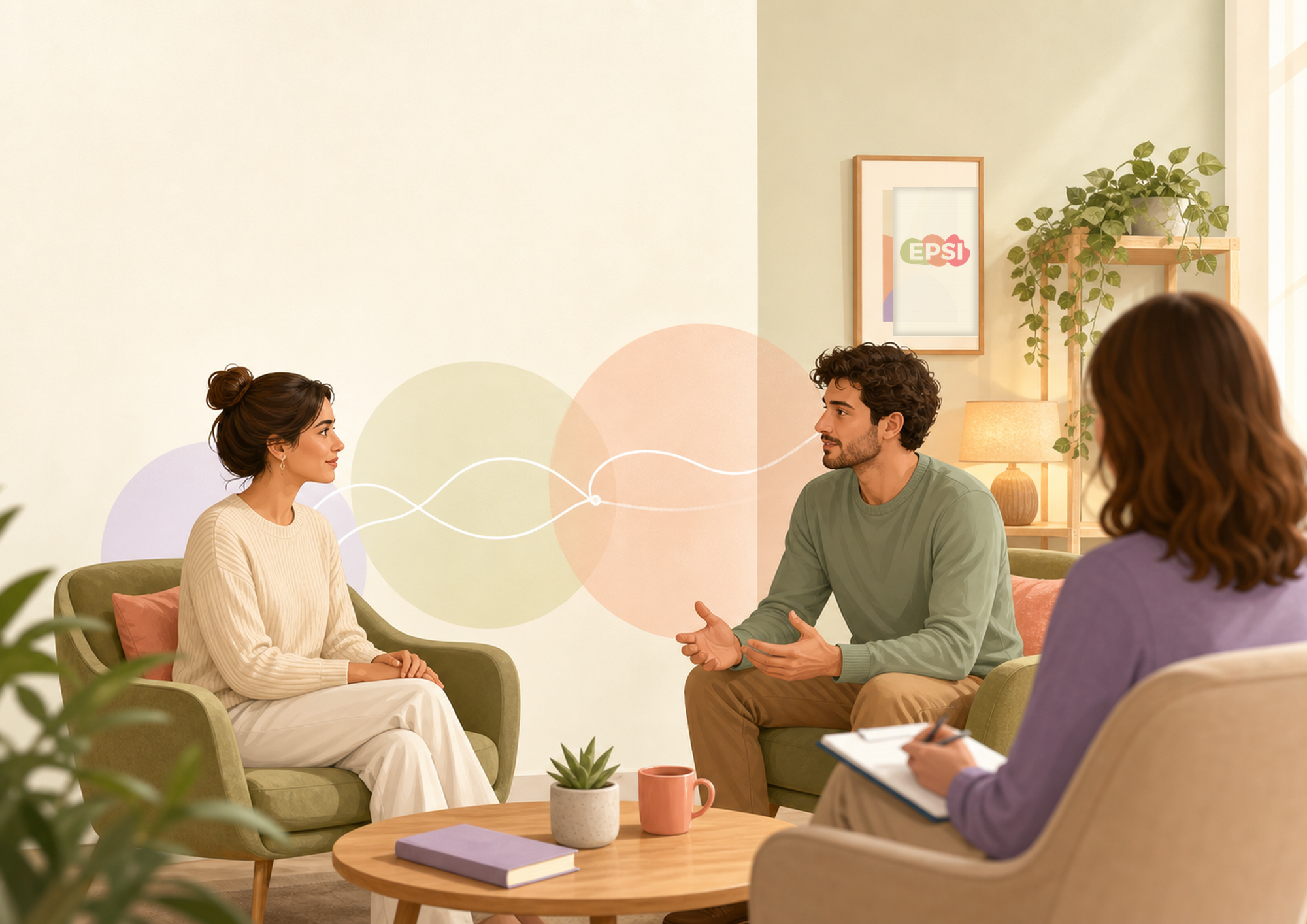 Pareja en sesi?n de terapia con el logo de EPSI enmarcado en la pared